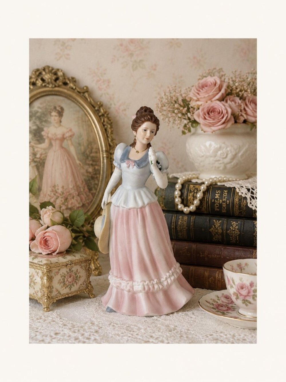 Vintage HOMCO Lady Camille #1452 Bisque Porcelain Victorian Lady Figurine Pink B
